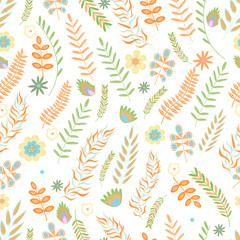 Summer floral seamless pattern. Flowers and branches in pastel colors. Vector illustration
