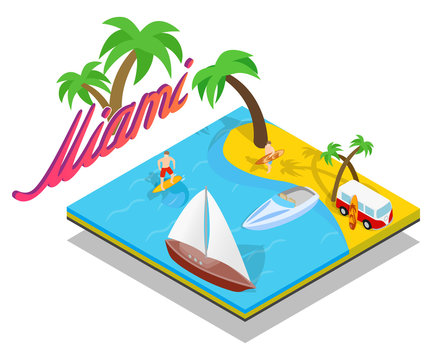 Miami Beach Concept Banner. Isometric Banner Of Miami Beach Vector Concept For Web, Giftcard And Postcard