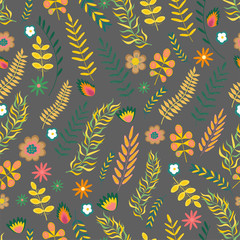 Summer floral seamless pattern. Flowers and branches in bright colors. Vector illustration.