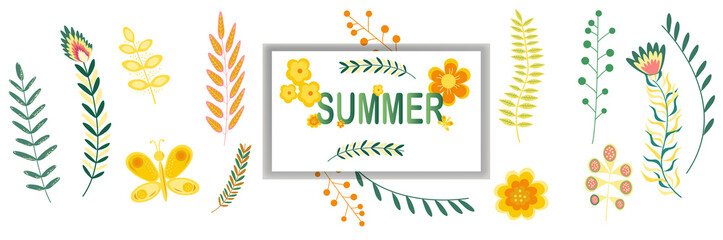 Summer floral banner pattern wiht frame copy space Flowers and branches in pastel colors. Vector illustration.