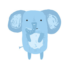 Cute childish hand drawn blue elephant illustration isolated on white background. Kids sketchy jumbo character for print design, stickers, background decoration