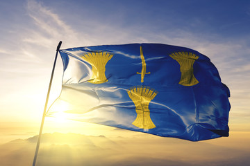 Cheshire county of England flag waving on the top sunrise mist fog