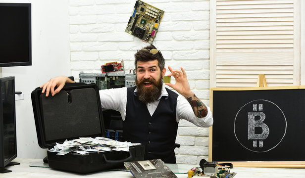 Successful crypto investor. Business man in server room. Bearded hipster with bitcoin symbol and dollars. From paper money to crypto currency. Bitcoin for business. Bearded man with cash money