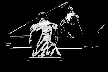White silhouette of pianist and bass player on black background. Jazz concert. Black and white vector illustration. - obrazy, fototapety, plakaty