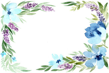 watercolor frame wiht blue flowers, isolated on white background. Perfectly for Mother's Day, wedding, birthday, Easter, Valentine's Day. Pastel colors. Spring. Summer.