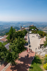 Panoramic view of San Marino seen from first tower known as Guaita in a summer day