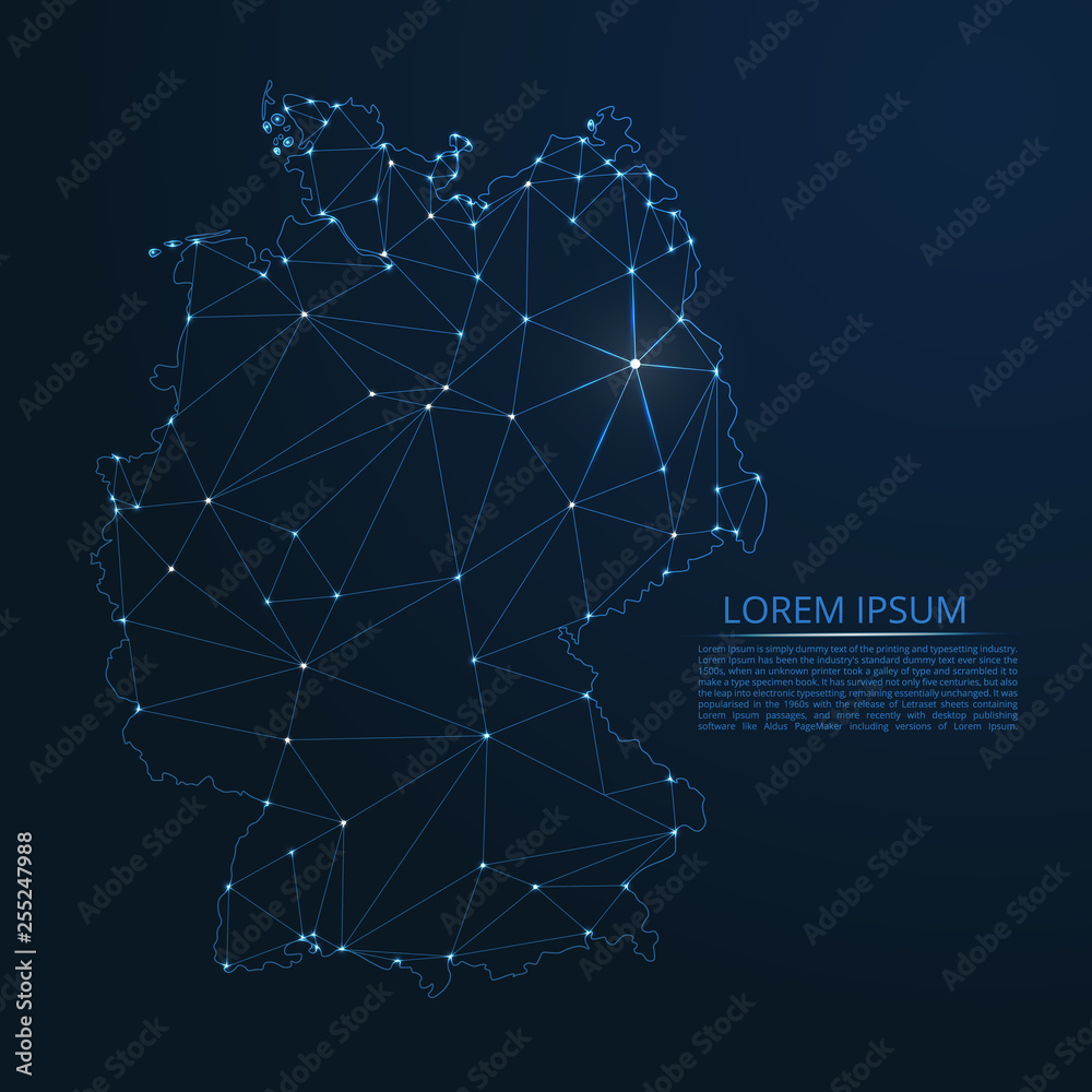 Poster germany communication network map. vector low poly image of a global map with lights in the form of 