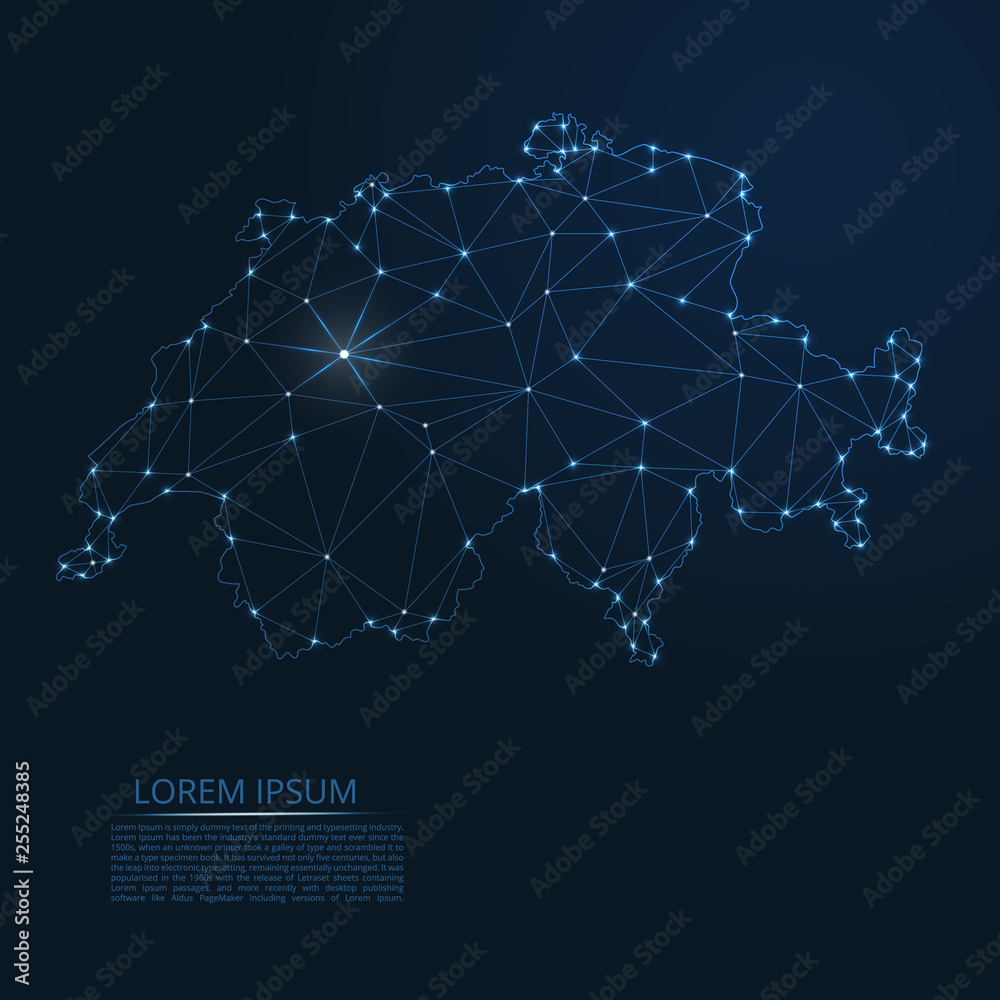 Poster switzerland communication network map. vector low poly image of a global map with lights in the form