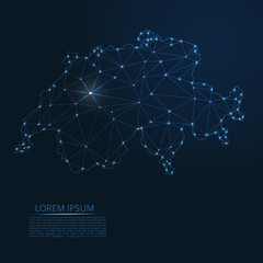 Switzerland communication network map. Vector low poly image of a global map with lights in the form of cities in population density consisting of points and shapes in the form of stars and space.