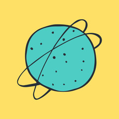 Cartoon style vector illustration of blue planet with rings. Great design elements for sticker, card, print or poster. Unique and fun icon drawing isolated on yellow background. Cosmos, galaxy concept