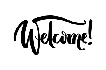 Hand drawn vector lettering. Welcome word by hands. Isolated vector illustration. Handwritten modern calligraphy.