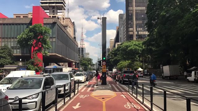 Car traffic at rush hour on Paulista Avenue, Sao Paulo city.