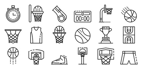 Basketball equipment icons set. Outline set of basketball equipment vector icons for web design isolated on white background