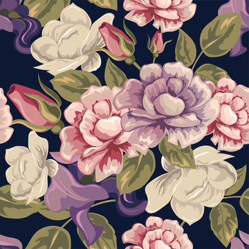 Blooming roses. Spring summer plants seamless pattern. Vector image, texture for fabrics, packaging.