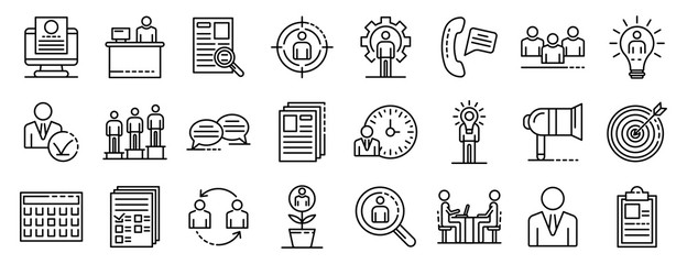 Recruitment icons set. Outline set of recruitment vector icons for web design isolated on white background