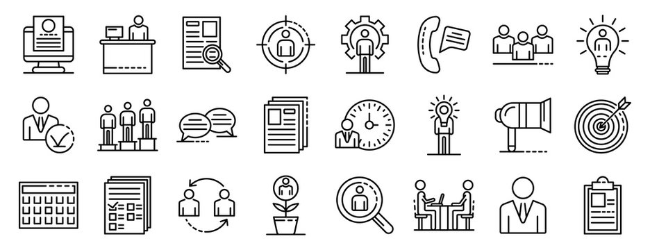 Recruitment Icons Set. Outline Set Of Recruitment Vector Icons For Web Design Isolated On White Background