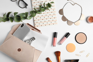 Fototapeta na wymiar Flat lay composition with female accessories on white background. Beauty blogger