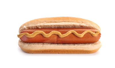 Tasty hot dog on white background. American food as symbol of USA