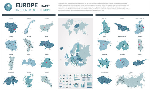 Vector Maps Set.  High Detailed 45 Maps Of European Countries With Administrative Division And Cities. Political Map, Map Of Europe Continent, World Map, Globe, Infographic Elements.  Part 1.