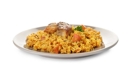 Plate with rice pilaf and meat on white background