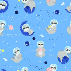 Seamless space pattern with cute baby sloth astronaut, stars, planets. Kids background with funny sloths sleeping on the moon, playing with star, lying on the moon, holding planet. Vector