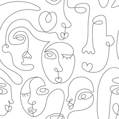 Een lijntekening abstract gezicht naadloze patroon. Moderne minimalisme kunst, esthetische contour. Doorlopende lijnachtergrond met gezichten van vrouwen en mannen. Vector groep mensen