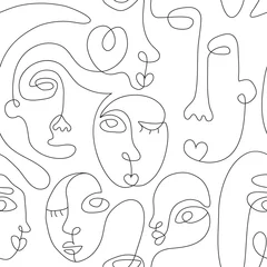 Behang Lijnkunst Een lijntekening abstract gezicht naadloze patroon. Moderne minimalisme kunst, esthetische contour. Doorlopende lijnachtergrond met gezichten van vrouwen en mannen. Vector groep mensen