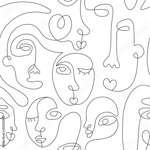 One Line Drawing Abstract Face Seamless Pattern Modern Minimalism Art Aesthetic Contour Continuous Line Background With Woman And Man Faces Vector Group Of People Wall Mural Dasha D