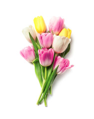 Beautiful spring tulips on white background, top view. International Women's Day
