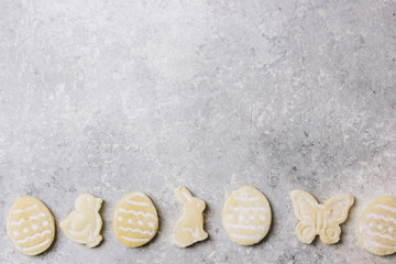 sugar easter cookies with colorful chocolate shape of eggs candy