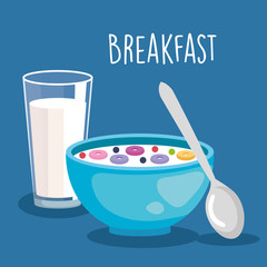 delicious cereal with spoon and milk glass