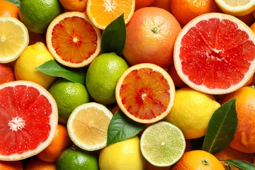 Foto op Plexiglas Different citrus fruits as background, top view © New Africa