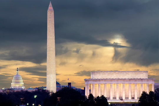 Washington DC skyline including Lincoln Memorial, Washington Monument, and The United States Capitol building