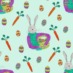 Seamless pattern of spring elements for Easter design. Rabbit, eggs and basket.
