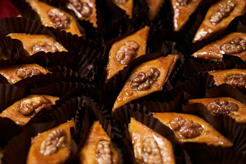 Novruz traditional Azerbaijan pastry pakhlava on wooden tray background
