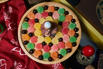 Novruz Azerbaijan traditional table with food tray, close-up