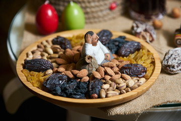 Novruz Azerbaijan traditional table with food tray, close-up