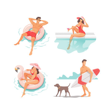 Set of people performing summer outdoor activities at beach - sunbathing, walking, carrying surfboard, swimming in sea. Traveling, holiday, vacation concept. Vector illustration.