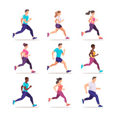 Set of people jogging. Runners group in motion. Training to marathon. Trendy style vector illustration.