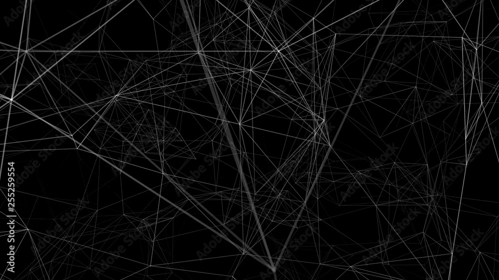 Wall mural white lines, plexus abstract background 3d rendering. digital geometric triangles on black backgroun