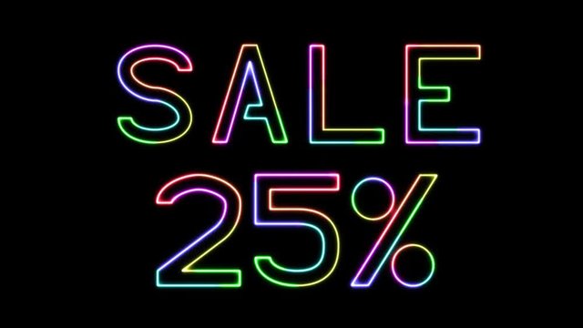 Sale 25% - 7 colors glowing neon promo text on transparent background