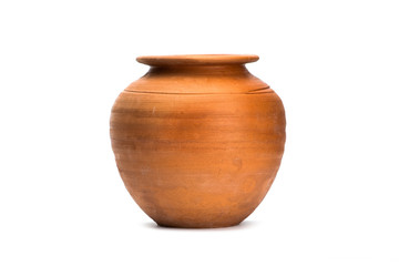 Antique brown clay pot isolated on white background. - obrazy, fototapety, plakaty