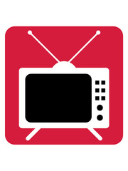 rot cool quadrat button fernseher tv bildschirm sehen schauen gucken video alt retro antennen röhrenfernseher pictogramm logo design programm