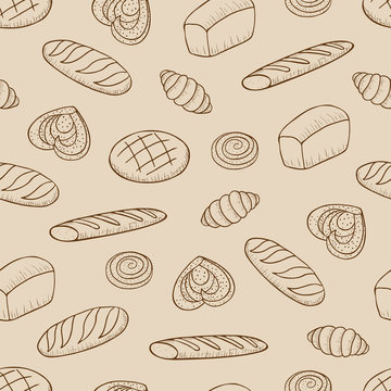 Hand drawn vector seamless pattern with different kind of bread -01