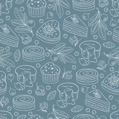 Hand drawn vector seamless pattern with different kind of cakes -05
