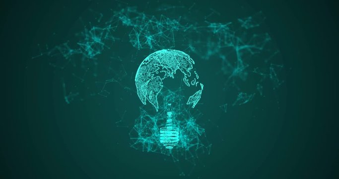 Animation of flying flickering particles form a lamp bulb sign or idea symbol on dark background with earth map from dots. Animation of seamless loop.