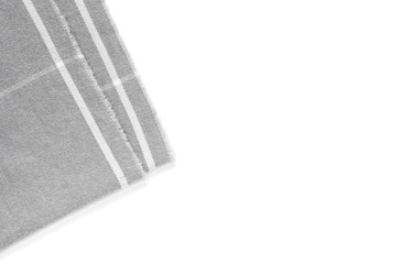 A piece of gray checked fabric is isolated on a white background with an area for text.