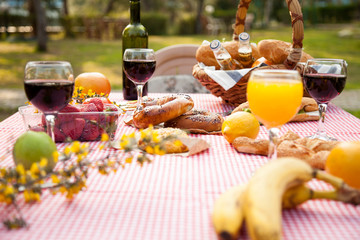 Picnic at the park on the grass: tablecloth, basket, healthy food and accessories, top view