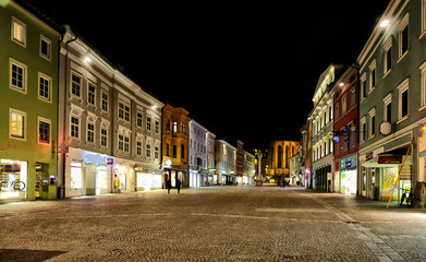 Central street of Villach at night, Austria.