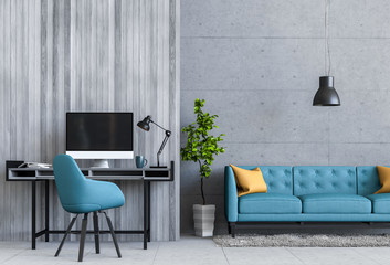 3D rendering of interior modern living room workspace with sofa, desk, desktop computer and green plants